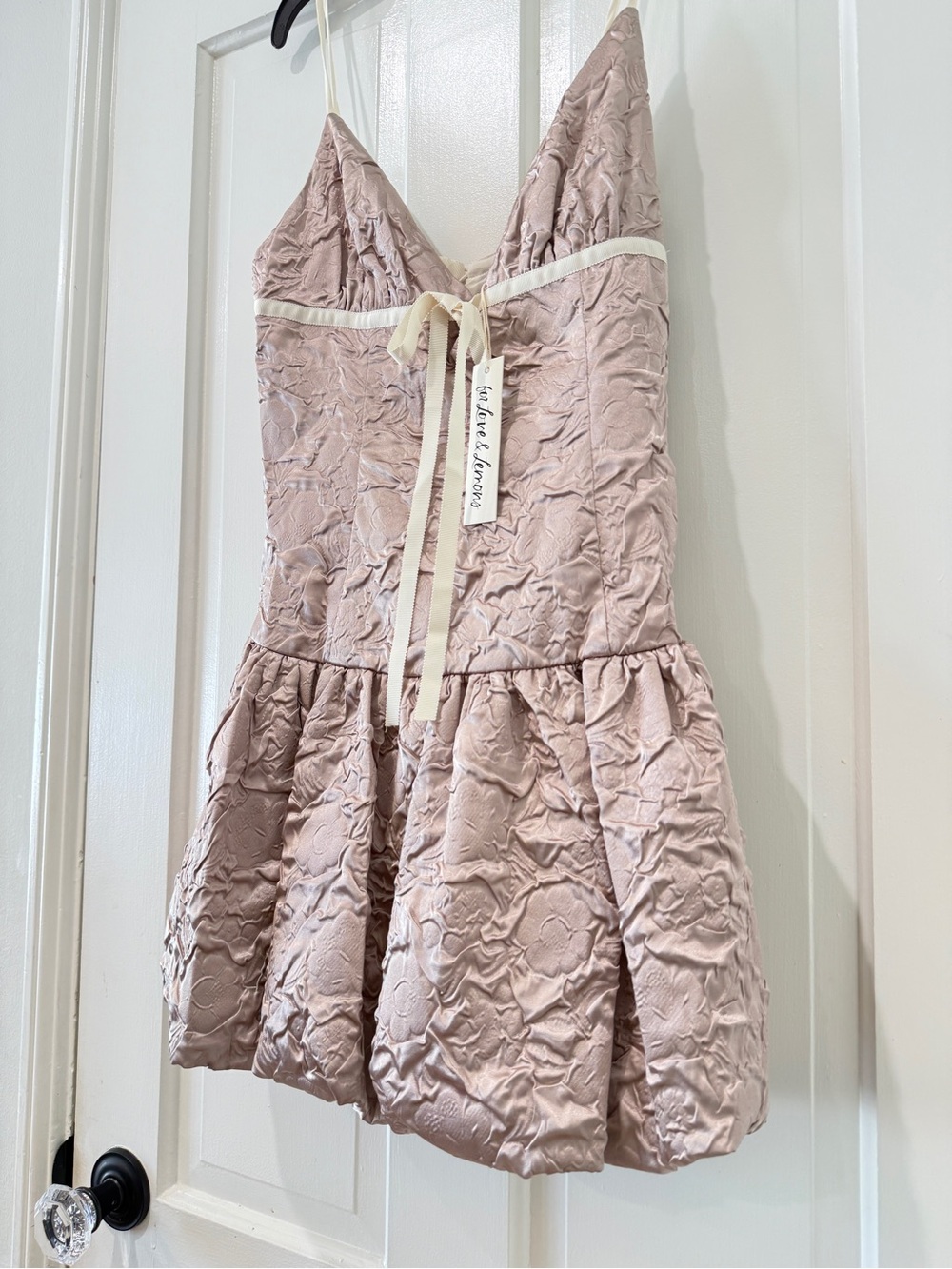 For Love & Lemons flower satin mini dress bubble bow tie bubble hem drop waist - Picture 7 of 14